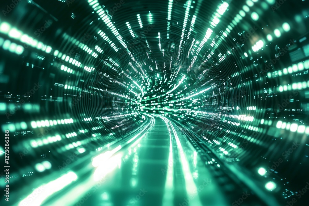 High-speed data tunnel with glowing lines and binary code, symbolizing the fast-paced nature of technology in digital marketing. green background High-speed data tunnel with glowing lines and binary code, symbolizing the fast-paced nature of technology in digital marketing. green background
