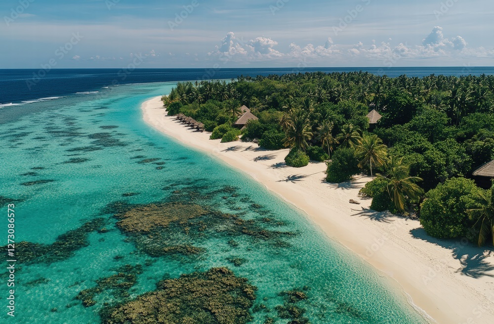 Fototapeta premium An aerial perspective of a tropical resort, showcasing pristine beaches and lush greenery in a heavenly setting.