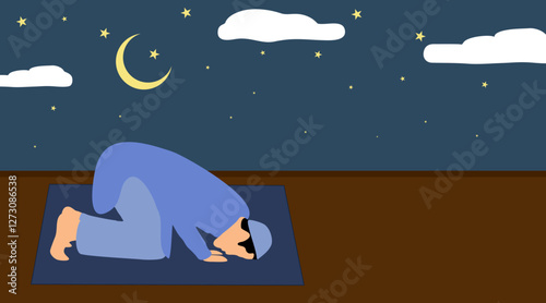 Muslim boy praying on mate in the night, man praying salah,sholat,salat, boy in the sujood (sajdah) illustration 