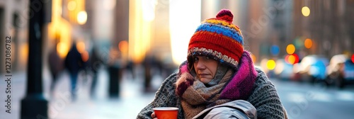 female panhandler living homeless on the streets in poverty