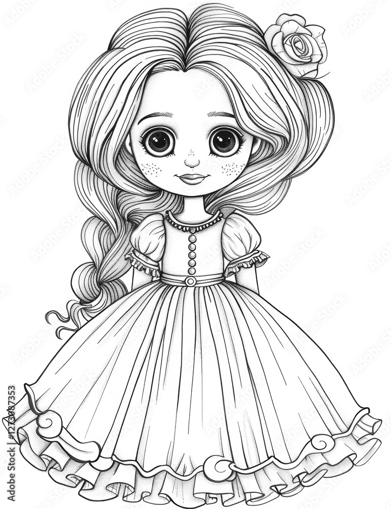 Fototapeta premium Beautiful and cute doll in a dress for coloring book, black and white illustration for coloring book
