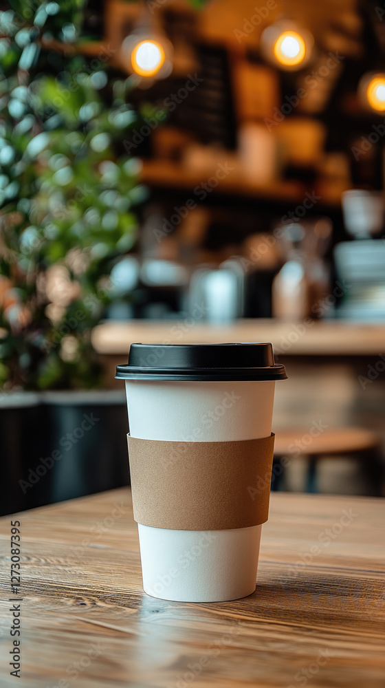 A plain white disposable takeaway coffee cup with a black lid, placed on a table. Perfect for coffee shops or branding mockups isolated transparent image A plain white disposable takeaway coffee cup with a black lid, placed on a table. Perfect for coffee shops or branding mockups isolated transparent image