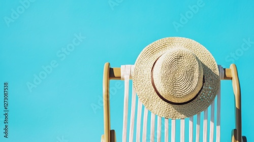 contemporary summer scene, beach chair relaxation, casual vacation styling, crisp blue background, woven hat detail, refreshment element, minimal studio setup, modern leisure photograph