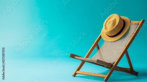 contemporary summer scene, beach chair relaxation, casual vacation styling, crisp blue background, woven hat detail, refreshment element, minimal studio setup, modern leisure photograph