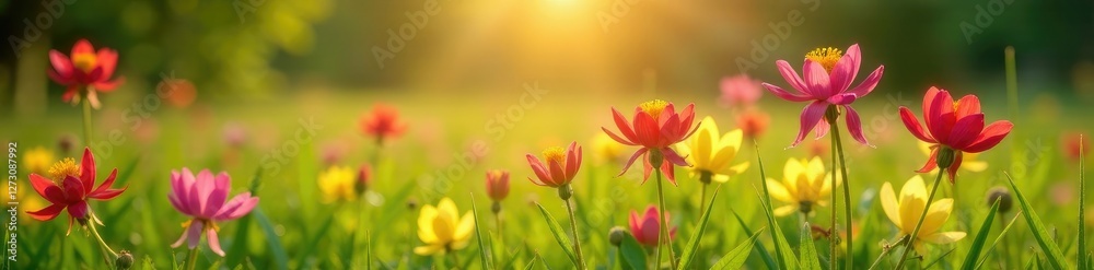 Wild columbine flowers in a field with green grass and sun, wildflower, grass Wild columbine flowers in a field with green grass and sun, wildflower, grass