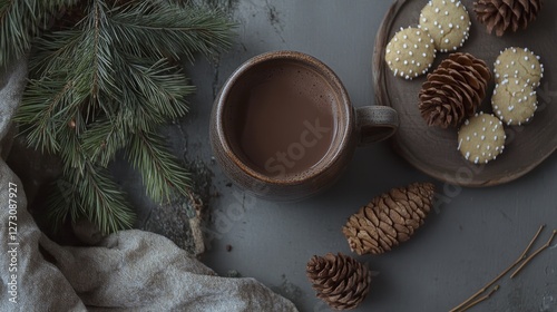 cozy winter arrangement, ceramic mug, smooth chocolate beverage, fresh pine needles, frosted cones, homestyle cookies, matte gray background, overhead food styling