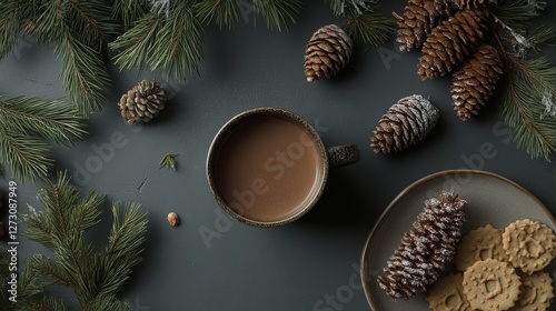 cozy winter arrangement, ceramic mug, smooth chocolate beverage, fresh pine needles, frosted cones, homestyle cookies, matte gray background, overhead food styling