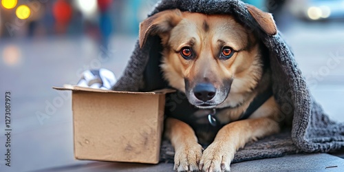 dog panhandler living on the street photo