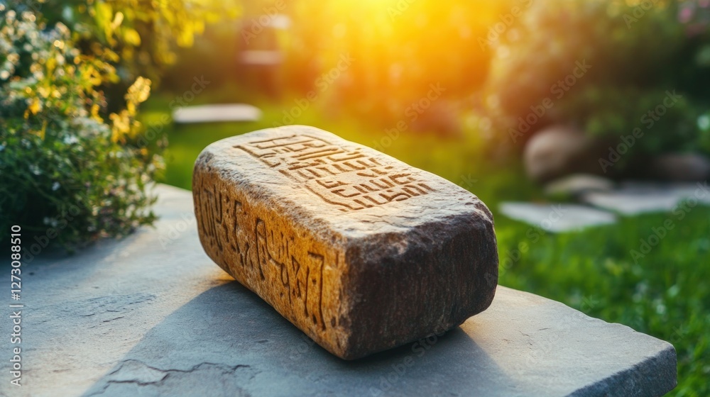 Ancient Stone Tablet with Engraved Symbols in Nature at Sunset Ancient Stone Tablet with Engraved Symbols in Nature at Sunset