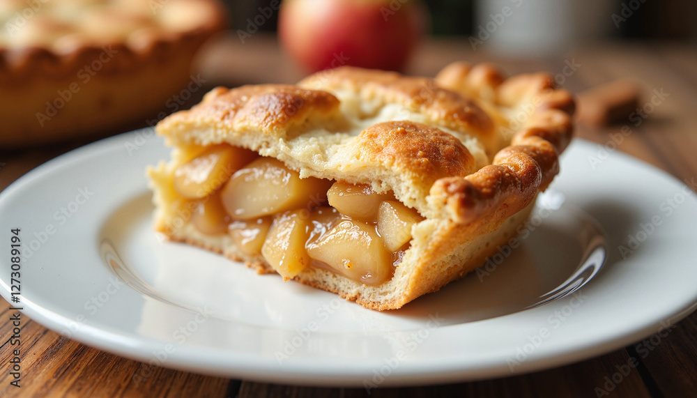Close-up of a delicious homemade apple pie slice on a white plate with golden flaky crust and cinnamon filling Close-up of a delicious homemade apple pie slice on a white plate with golden flaky crust and cinnamon filling