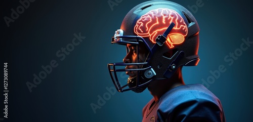 A surreal representation of a football player, featuring a brain illuminated on the helmet, symbolizing brain health in sports.