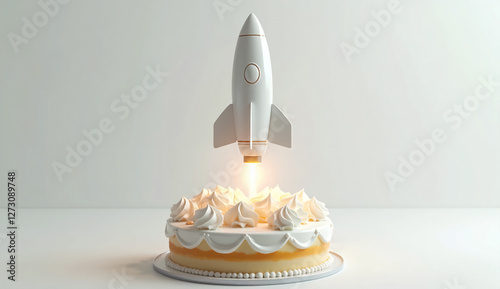 Creative Rocket Launching from a Cake, Perfect for Celebrating Milestones and Cake Shop Advertisements