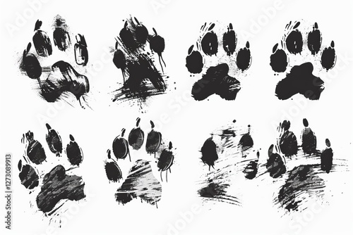 Paw footprint icon, animal foot print, dog graffiti spray step, wolf trail, bear trace silhouette, paw footprint photo