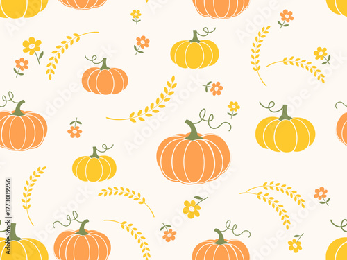 Seamless pattern with pumpkin, rice plant or wheat and cute flower on yellow background vector.