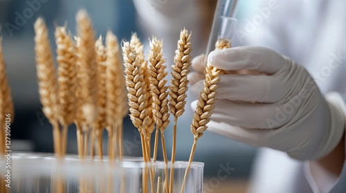 scientists in a high-tech lab analyzing wheat DNA for improved crop resilience, futuristic agricultural research