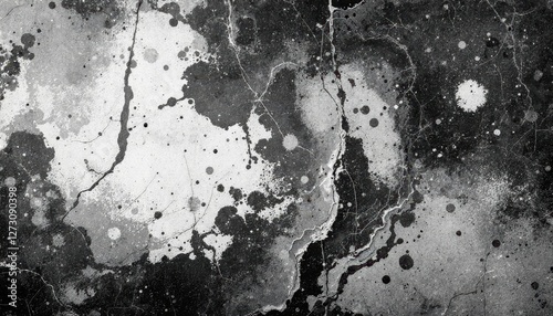 Abstract monochrome paint splatter and crackled texture with organic patterns
