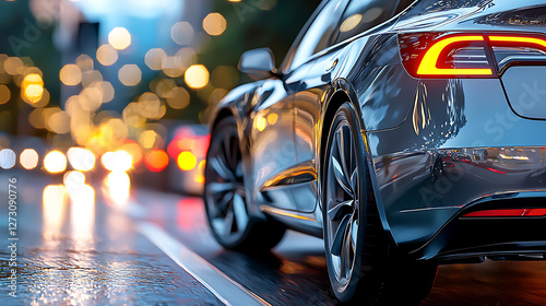Charging electric car in blurred bokeh cityscape at night urban environment dynamic viewpoint modern technology concept for eco-friendly transportation