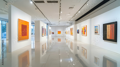 Modern art gallery with white walls and empty frames, ideal for high-end exhibits or branding.