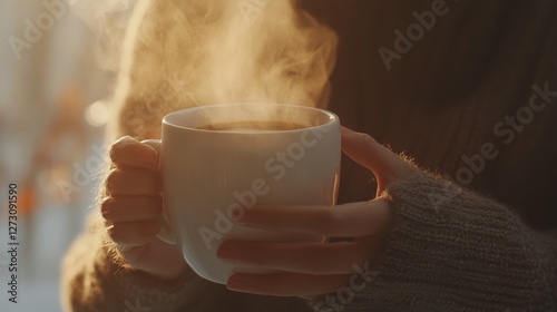 intimate macro shot, hands holding warm white mug, steaming hot cocoa, creamy texture, dreamy soft bokeh background, minimalist winter mood, gentle morning light, candid lifestyle photo, muted