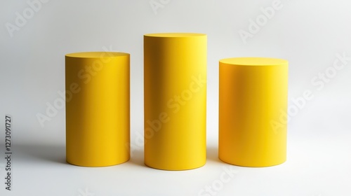 Three yellow pedestal cylinders of varying heights, perfect for product display or decorative use on white backgound.