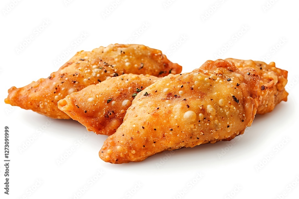 Traditional samosas with cranberry sauce on white table.