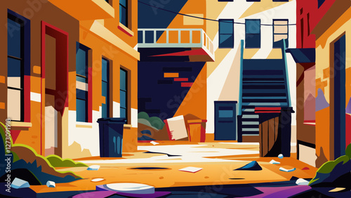 Gritty alleyway between worn orange buildings shows urban density with hanging laundry and fire escapes. Dramatic shadows create moody atmosphere in neglected city corner. Concept: Urban development