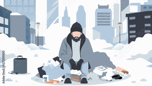 Homeless man sits bundled against winter snow among scattered belongings. Urban scene depicts human vulnerability in harsh conditions. Concept: Social services, homeless advocacy