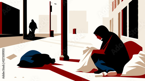 Two figures huddle together on city street. One seated with belongings, other lying nearby in stark urban setting. Looking inward, expressing companionship. Concept: homeless shelter, social work