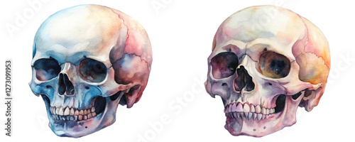 Watercolor skull illustration, anatomical details, artistic style, educational purpose, colorful tones, unique design.