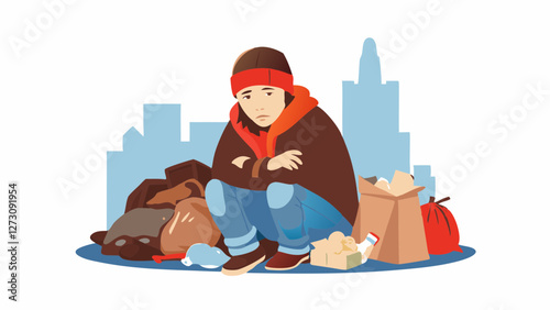 Person in warm layers huddles on ground against cold. Urban scene shows vulnerability in winter setting. Looking down, expressing hardship. Concept: winter shelter, homeless outreach, cold weather aid