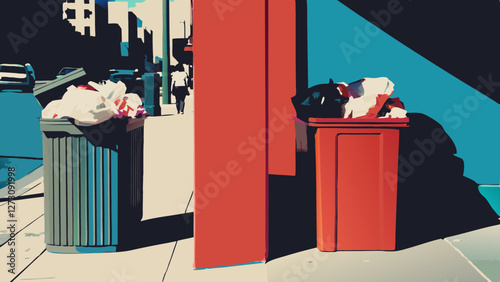 Teal and red trash cans overflow on city sidewalk. Bold colors and shadows create graphic impact. Concept: waste management, urban cleanliness, city services