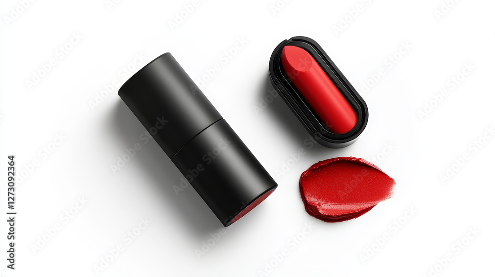 an open and closed version of a black plastic case with matte red lip balm, accompanied by a lipstick color swatch set, all isolated on a white background an open and closed version of a black plastic case with matte red lip balm, accompanied by a lipstick color swatch set, all isolated on a white background