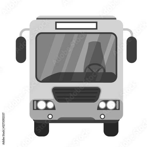 Front view of modern city bus in grayscale colors. Minimalistic and clean design for public transportation, travel, urban mobility and vehicle-related themes. Flat vector illustration.