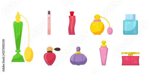 Parfum bottles set. Collection of decorative perfume bottles on transparent background in various shapes and colors. Cosmetic products aroma essence in glass packages. Cartoon vector illustrations.