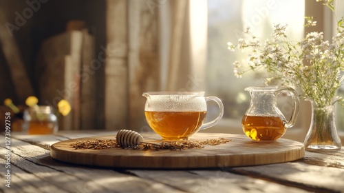 morning tea ritual, transparent glass cup, wooden board presentation, aromatic tea leaves, gooseneck kettle detail, honey jar accents, soft window light, rustic wood textures