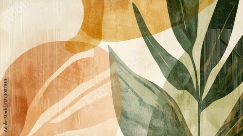 Fototapeta Naklejka Na Ścianę i Meble -  Two abstract botanical posters with overlapping tropical plant shapes, organic textures, and natural green and beige tones, styled for a bohemian and minimal interior.