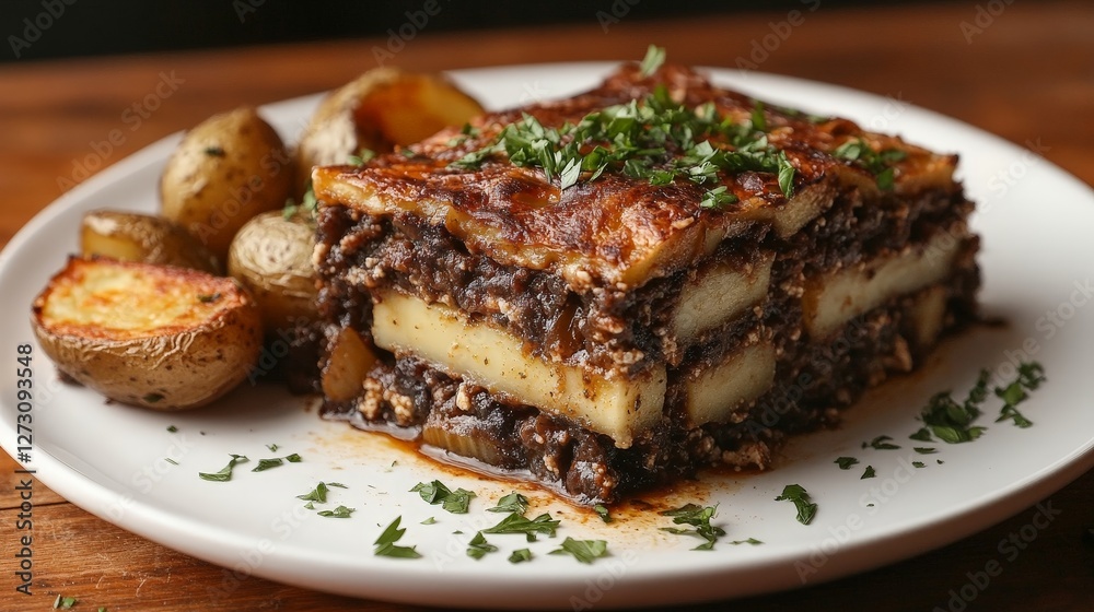 A delicious serving of layered lasagna with roasted potatoes, garnished with herbs. A delicious serving of layered lasagna with roasted potatoes, garnished with herbs.