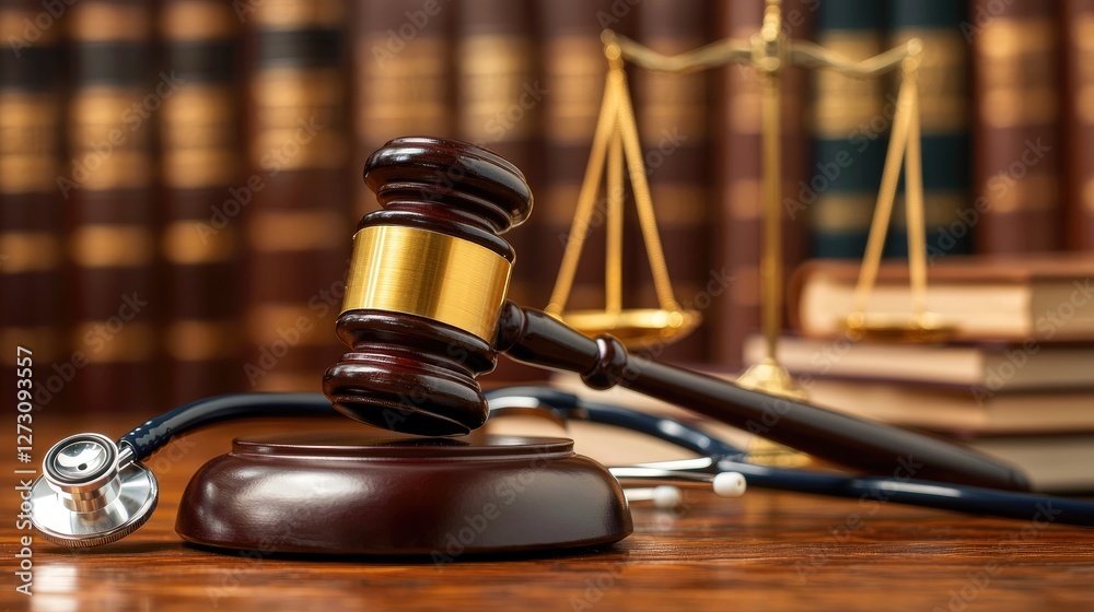 Justice and Healthcare Concept with Gavel and Stethoscope on Table Justice and Healthcare Concept with Gavel and Stethoscope on Table