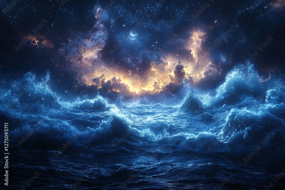 Fototapeta premium Dark ocean storm with lighting and waves at night landscape
