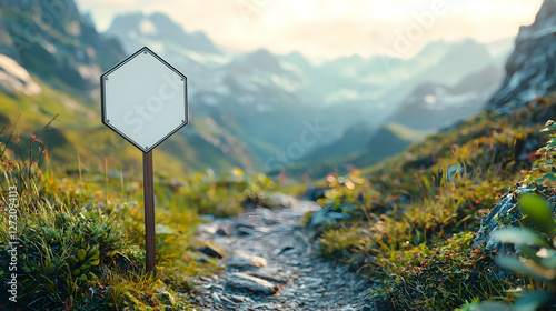 Tiny hexagonal blank sign on a trail leading to a remote campsite, with a blurred mountain vista backdrop.