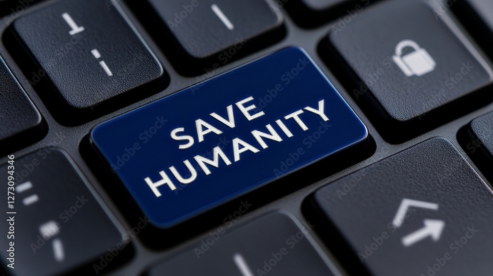 Close-up of Keyboard With Blue Save Humanity Key for Tech Awareness Concept Close-up of Keyboard With Blue Save Humanity Key for Tech Awareness Concept