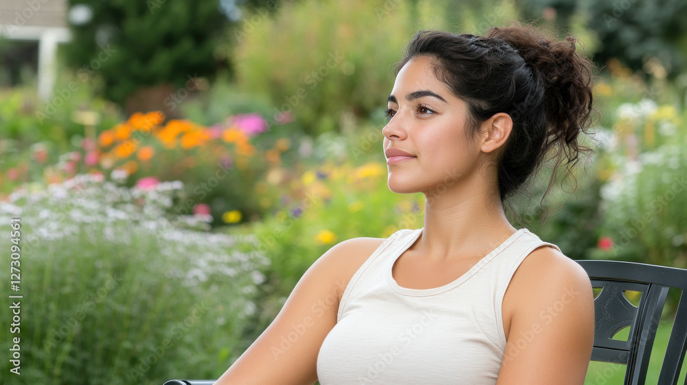 Hispanic woman sitting and relaxing enjoying green meadow with wildflowers in full bloom