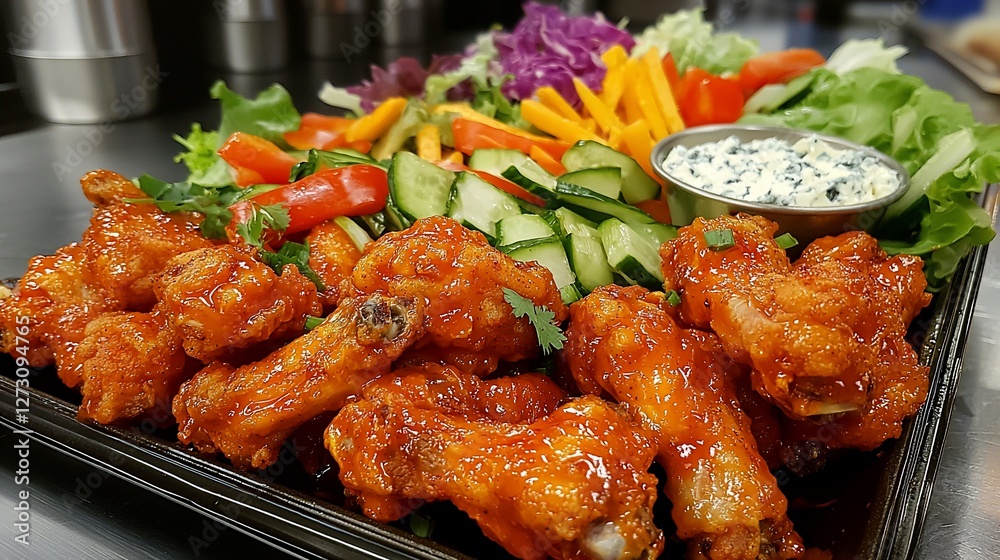 Fototapeta premium Spicy chicken wings platter with fresh vegetable salad and dip.