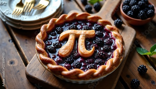 Pi Day blackberry pie with a crusty Pi shaped cookie on top, served on a rustic wooden table with fresh blackberries. March 14 Pi Day celebration baking theme