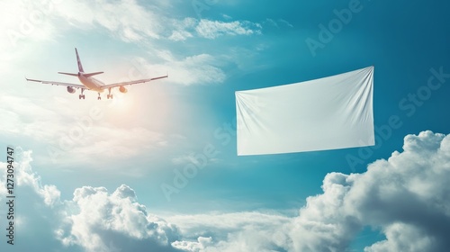 Propeller plane towing a blank white fabric banner in the sky. Aerial advertising concept.  photo