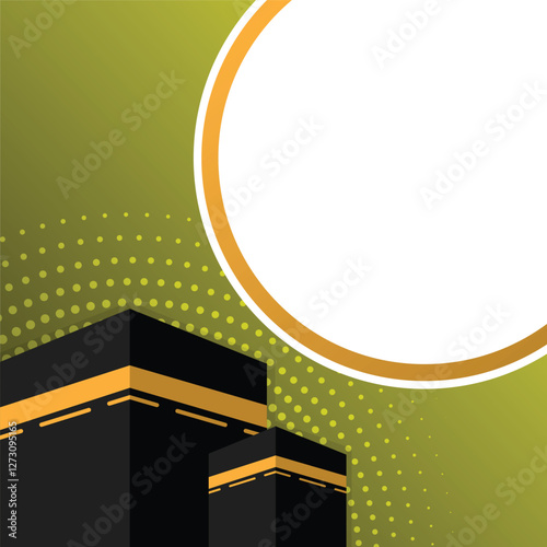 Islamic Design Template Featuring Kaaba Mecca Illustration with Golden Elements