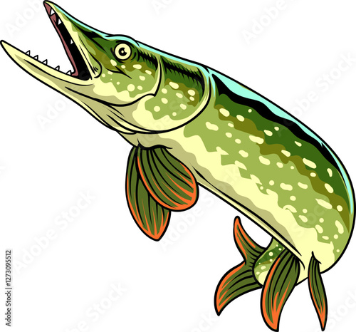 Northern Pike Fish Vector Cartoon Illustration for sticker badge emblem t-shirt banner invitation