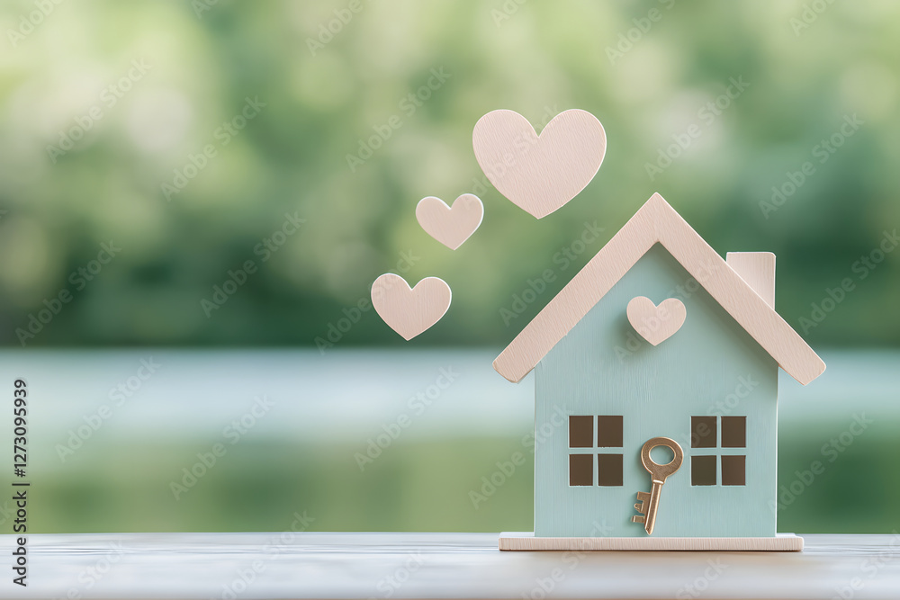 cozy model house with key and floating heart symbols, representing love and home. This charming scene evokes feelings of warmth and belonging cozy model house with key and floating heart symbols, representing love and home. This charming scene evokes feelings of warmth and belonging