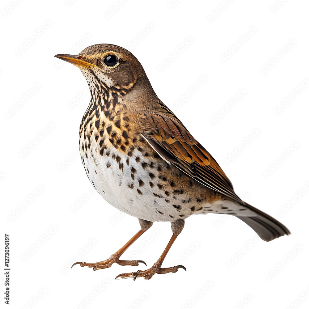 Angled view full-body shot of an extremely perfect-looking single Thrush isolated on a white transparent background Angled view full-body shot of an extremely perfect-looking single Thrush isolated on a white transparent background
