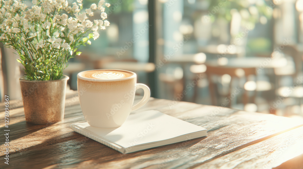 Warm morning sunlight illuminating cozy cafe with coffee cup and flowers on wooden table Warm morning sunlight illuminating cozy cafe with coffee cup and flowers on wooden table